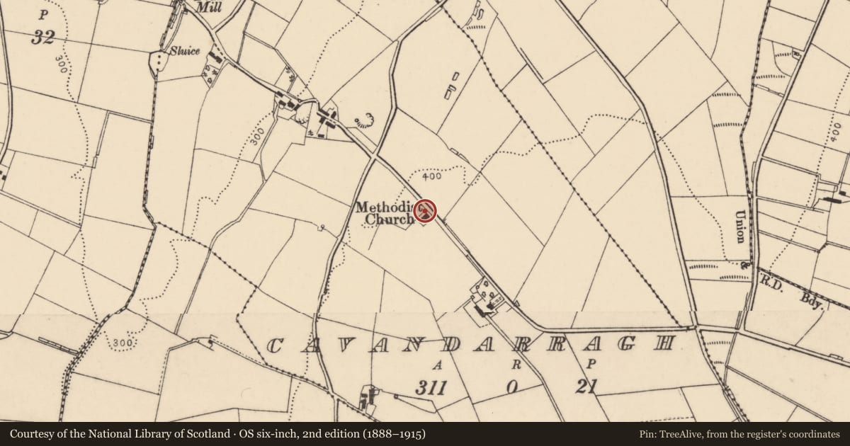 Ordnance Survey six-inch map, 2nd edition (1888–1915) covering the location of Cavandoragh Methodist Church, Cavandarragh Road, Derry City and Strabane, with a pin at the register's coordinates