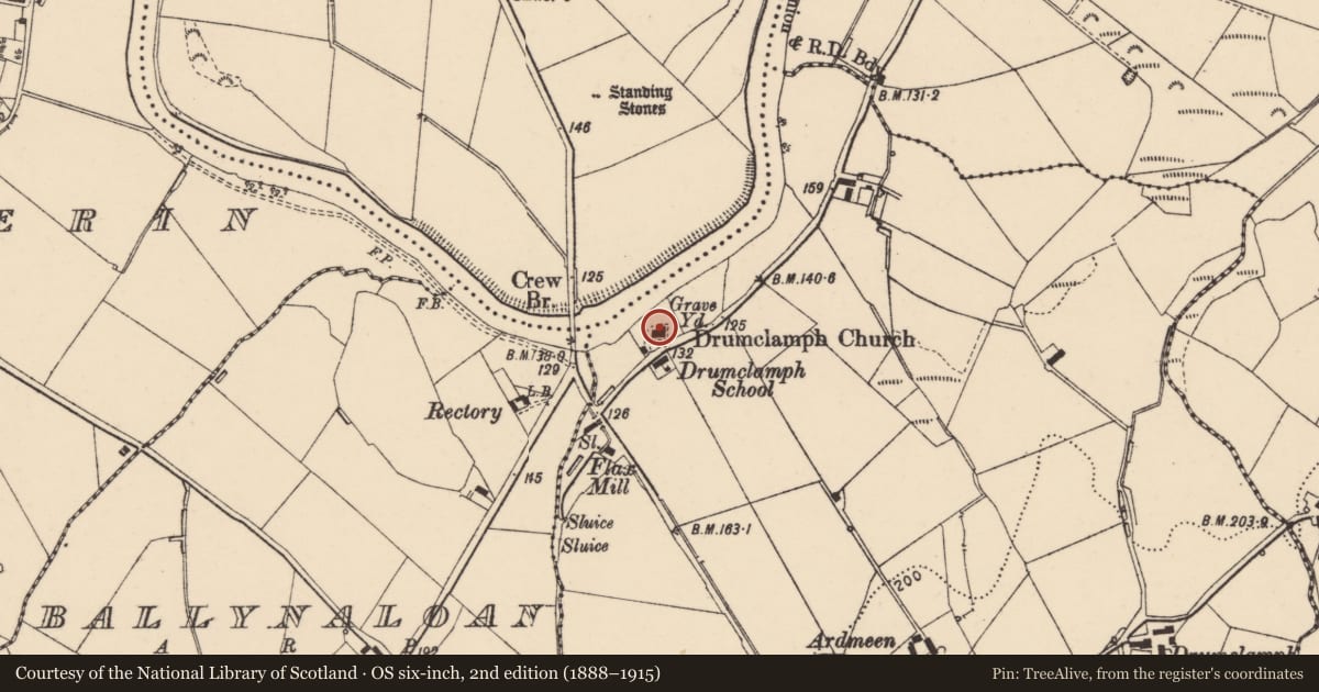 Ordnance Survey six-inch map, 2nd edition (1888–1915) covering the location of Drumclamph Parish Church, Greenville Road, Derry City and Strabane, with a pin at the register's coordinates
