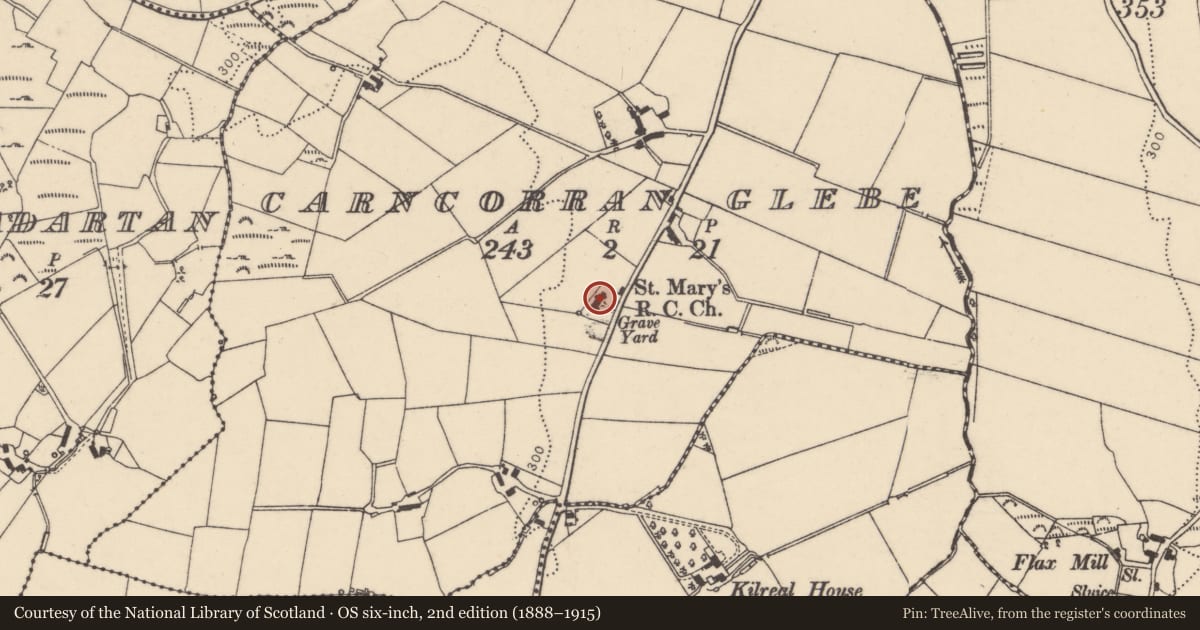 Ordnance Survey six-inch map, 2nd edition (1888–1915) covering the location of St. Mary’s Roman Catholic Church, Derry City and Strabane, with a pin at the register's coordinates
