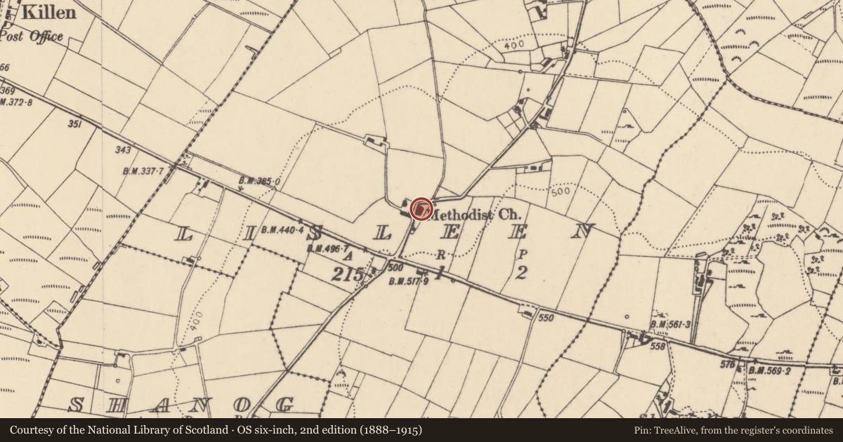 Ordnance Survey six-inch map, 2nd edition (1888–1915) covering the location of Lisleen Methodist Church, Derry City and Strabane, with a pin at the register's coordinates