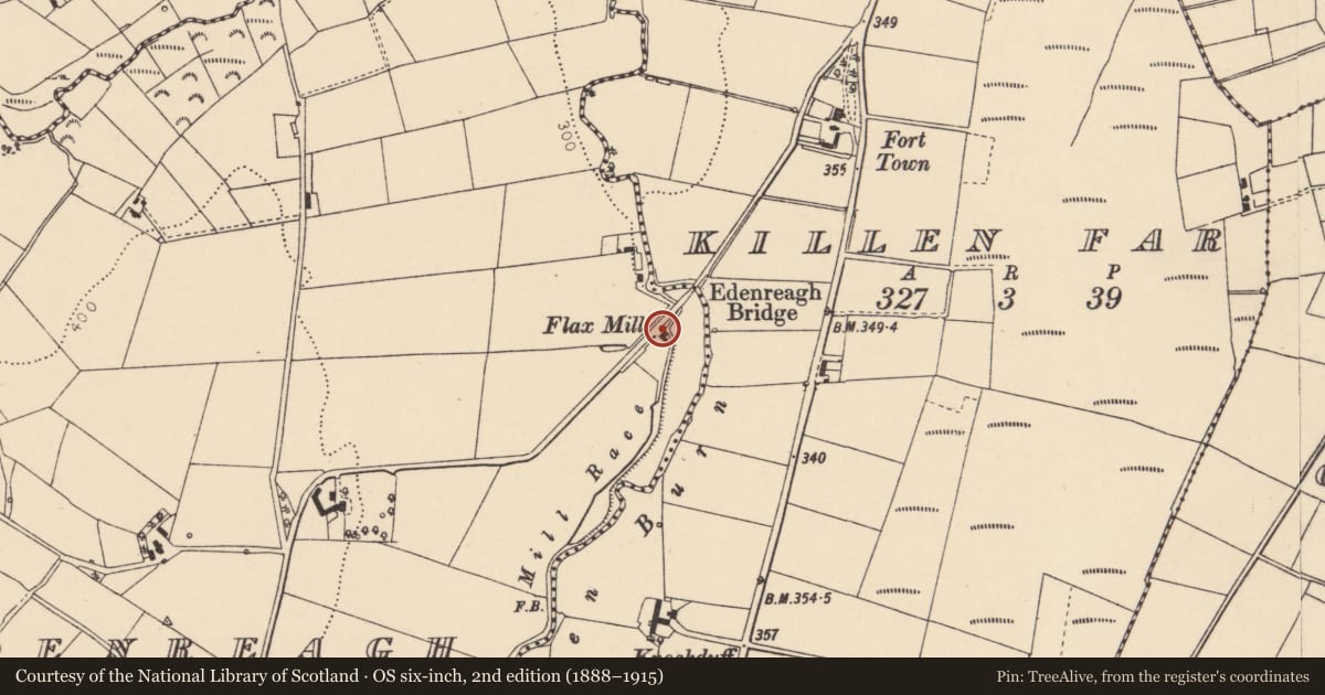 Ordnance Survey six-inch map, 2nd edition (1888–1915) covering the location of Edenreagh Road, Derry City and Strabane, with a pin at the register's coordinates