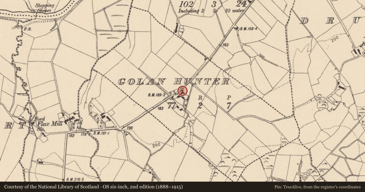 Ordnance Survey six-inch map, 2nd edition (1888–1915) covering the location of 35 Knockbrack Road, Golan Hunter, Derry City and Strabane, with a pin at the register's coordinates