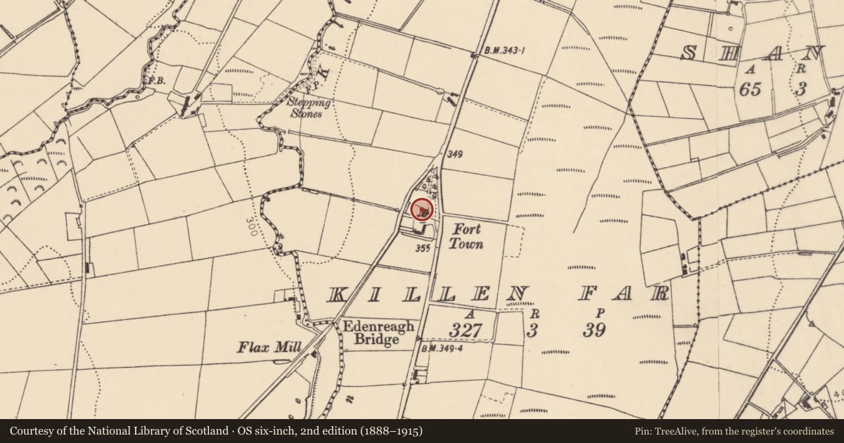 Ordnance Survey six-inch map, 2nd edition (1888–1915) covering the location of 2 Edenreagh Road, Killen Far, Derry City and Strabane, with a pin at the register's coordinates