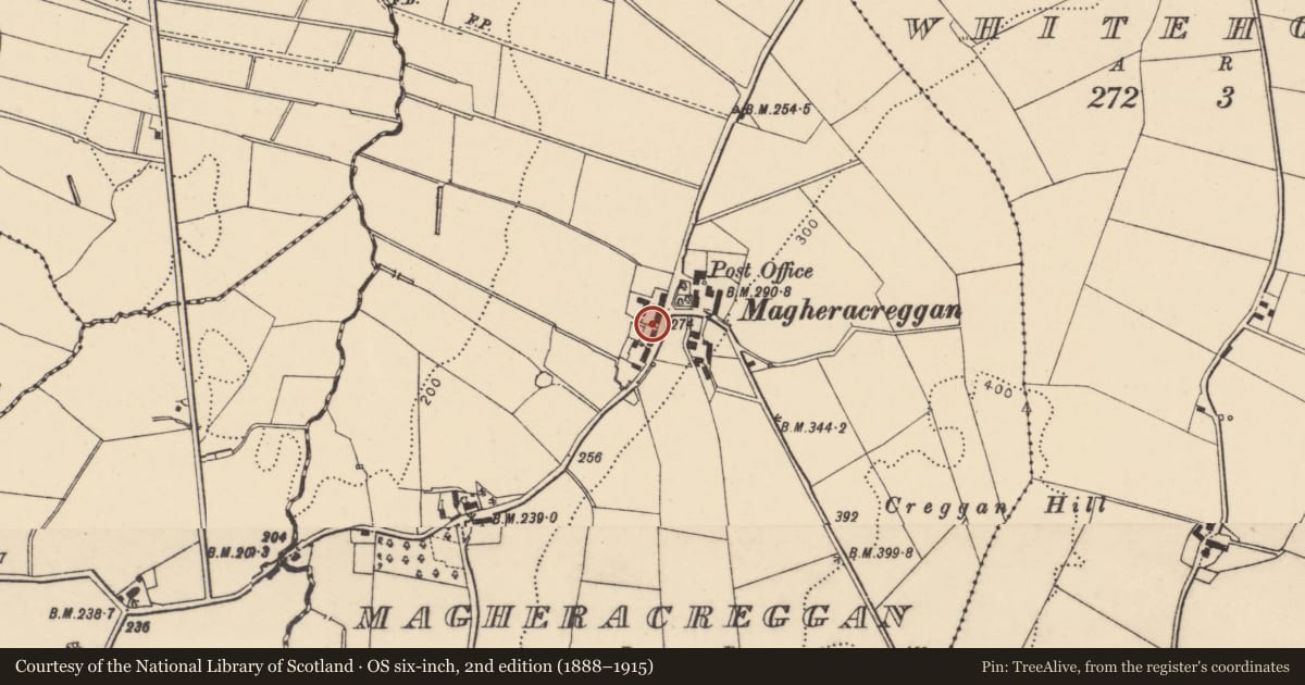 Ordnance Survey six-inch map, 2nd edition (1888–1915) covering the location of House to south of 14 Ballynaloan Road, Magheracreggan, Derry City and Strabane, with a pin at the register's coordinates