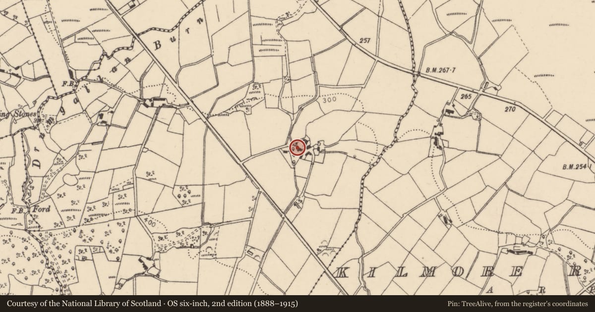 Ordnance Survey six-inch map, 2nd edition (1888–1915) covering the location of 71 Kilmore Road, Kilmore Robinson, Derry City and Strabane, with a pin at the register's coordinates