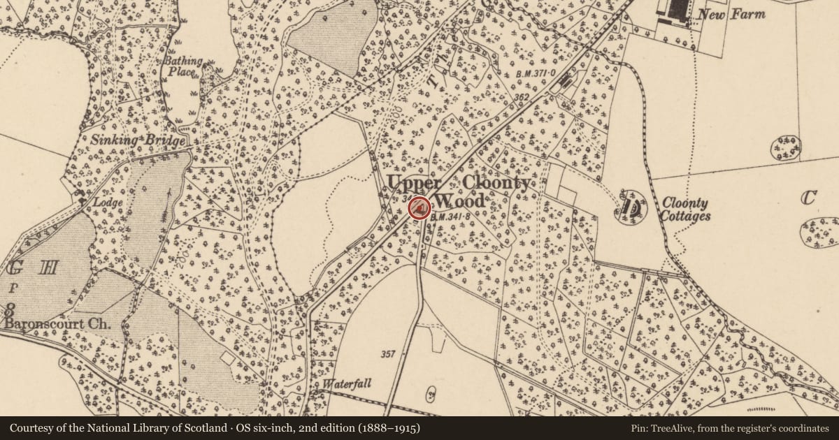 Ordnance Survey six-inch map, 2nd edition (1888–1915) covering the location of Cloonty Cottage, Derry City and Strabane, with a pin at the register's coordinates
