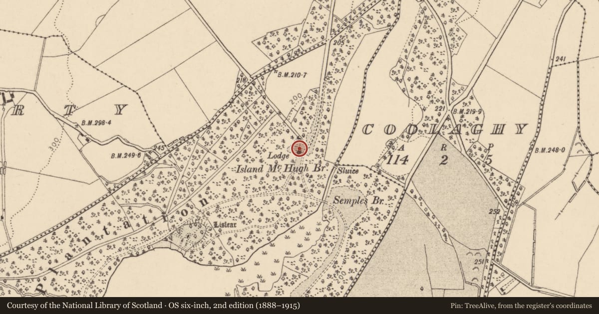 Ordnance Survey six-inch map, 2nd edition (1888–1915) covering the location of Main Lodge, Barons Court, Derry City and Strabane, with a pin at the register's coordinates