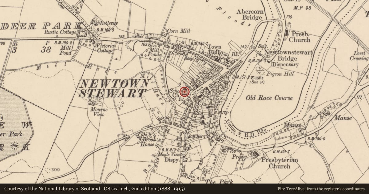 Ordnance Survey six-inch map, 2nd edition (1888–1915) covering the location of St Eugene's Church of Ireland Church, Newtownstewart, Derry City and Strabane, with a pin at the register's coordinates
