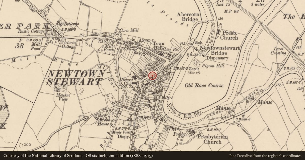 Ordnance Survey six-inch map, 2nd edition (1888–1915) covering the location of Northern Bank, Newtownstewart, Derry City and Strabane, with a pin at the register's coordinates