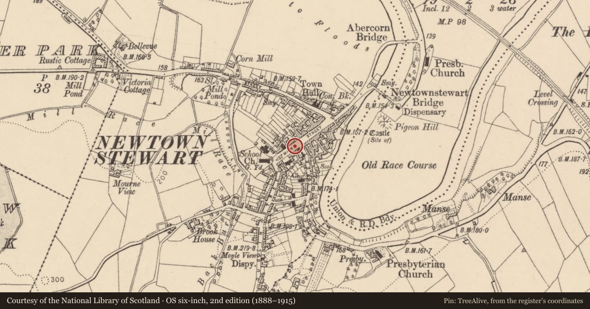 Ordnance Survey six-inch map, 2nd edition (1888–1915) covering the location of 15 Main Street, Newtownstewart, Derry City and Strabane, with a pin at the register's coordinates