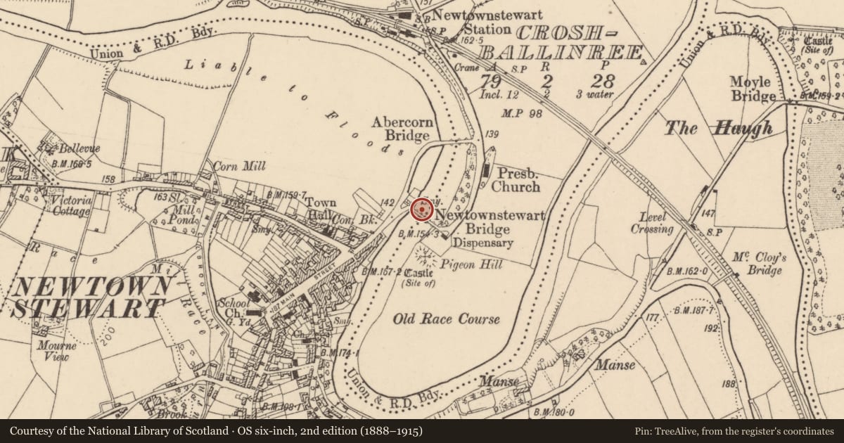 Ordnance Survey six-inch map, 2nd edition (1888–1915) covering the location of Newtownstewart Old Bridge, Newtownstewart/Cross Ballinree, Derry City and Strabane, with a pin at the register's coordinates