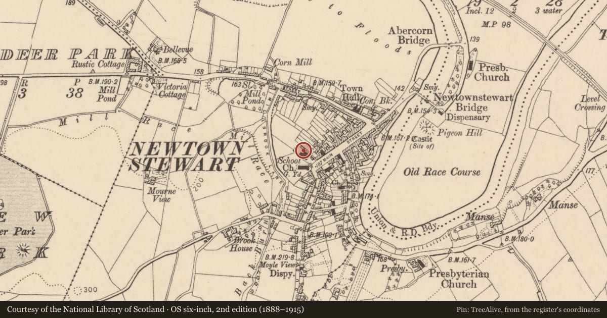 Ordnance Survey six-inch map, 2nd edition (1888–1915) covering the location of Former Newtownstewart County Primary School, Derry City and Strabane, with a pin at the register's coordinates