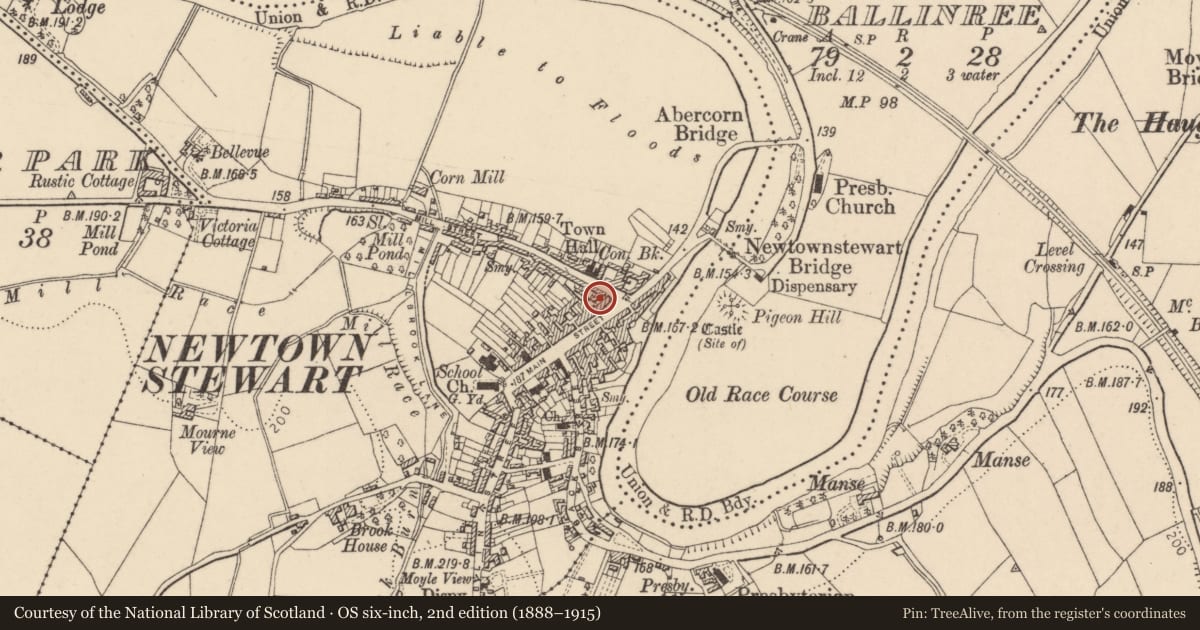 Ordnance Survey six-inch map, 2nd edition (1888–1915) covering the location of The Abercorn Arms, Derry City and Strabane, with a pin at the register's coordinates