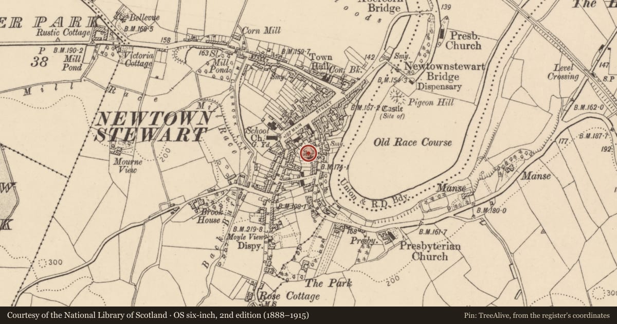 Ordnance Survey six-inch map, 2nd edition (1888–1915) covering the location of Former Methodist Church, Newtownstewart, Derry City and Strabane, with a pin at the register's coordinates