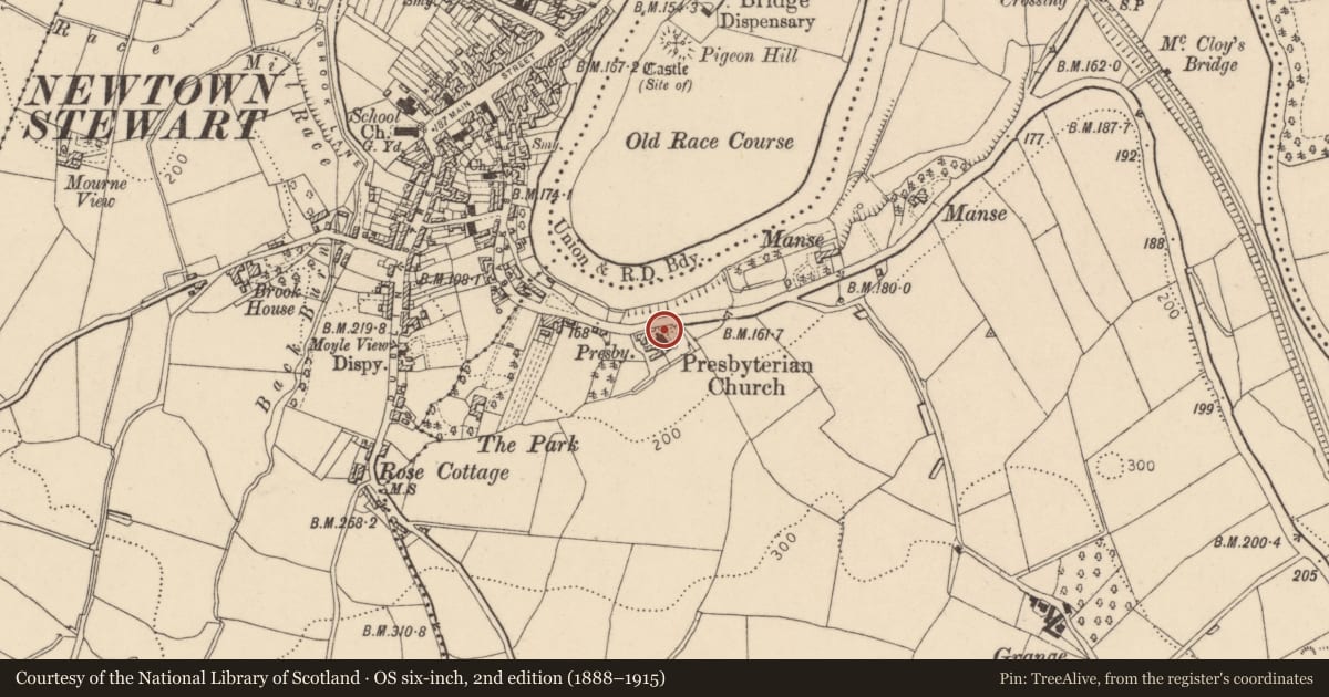 Ordnance Survey six-inch map, 2nd edition (1888–1915) covering the location of Newtownstewart Presbyterian Church, Grange, Derry City and Strabane, with a pin at the register's coordinates