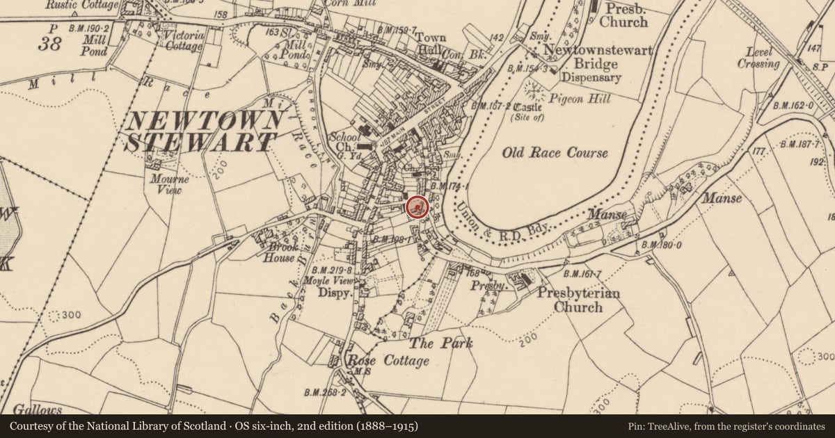 Ordnance Survey six-inch map, 2nd edition (1888–1915) covering the location of 3 Moyle Road, Newtownstewart, Derry City and Strabane, with a pin at the register's coordinates