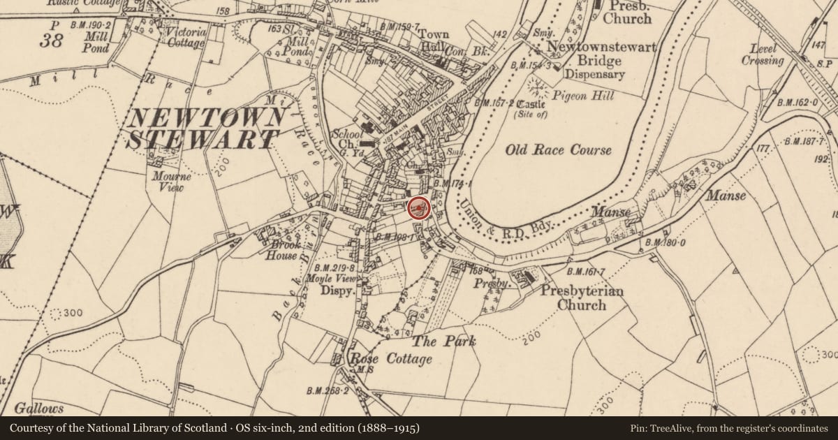 Ordnance Survey six-inch map, 2nd edition (1888–1915) covering the location of 5 Moyle Road, Newtownstewart, Derry City and Strabane, with a pin at the register's coordinates
