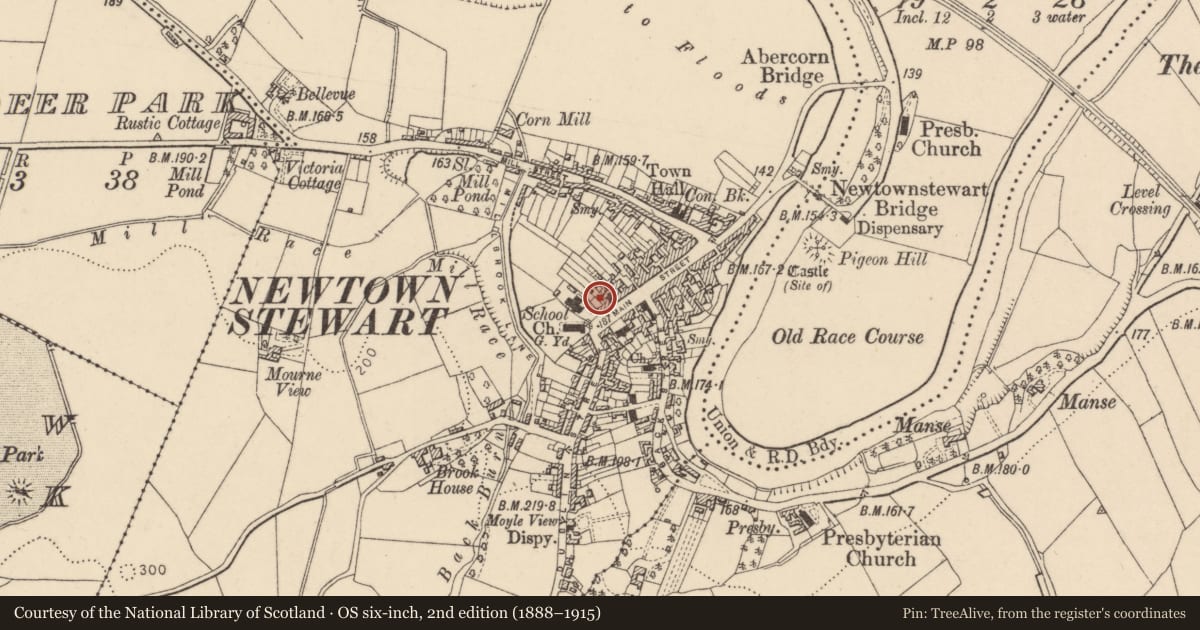 Ordnance Survey six-inch map, 2nd edition (1888–1915) covering the location of 6 Main Street, Newtownstewart, Derry City and Strabane, with a pin at the register's coordinates