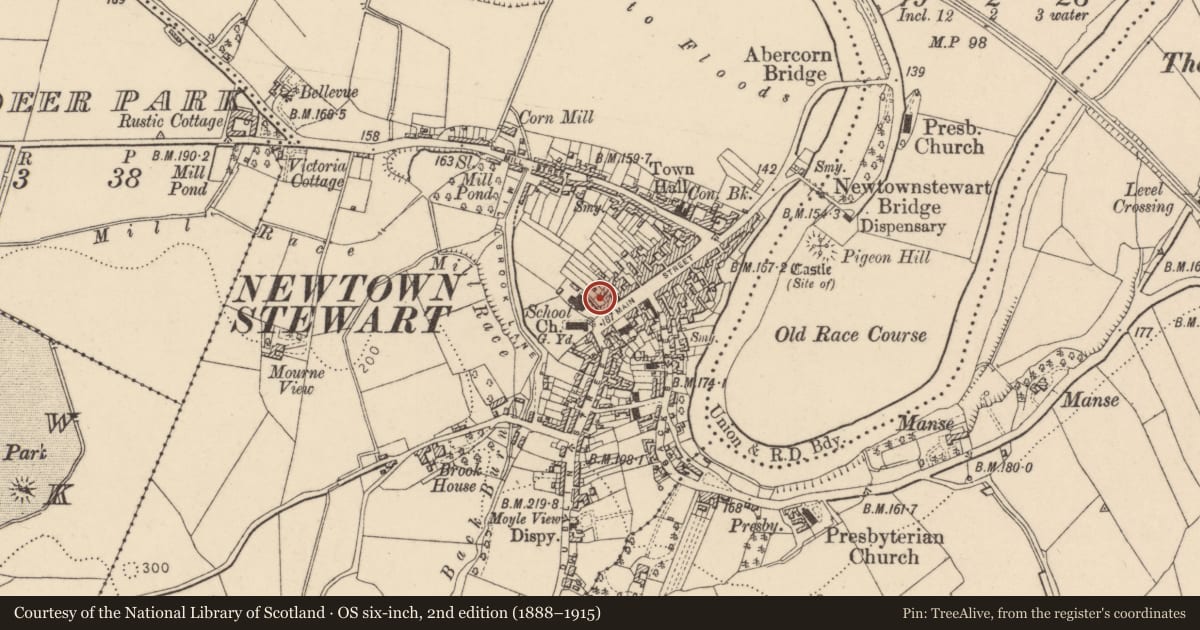 Ordnance Survey six-inch map, 2nd edition (1888–1915) covering the location of 4 Main Street, Newtownstewart, Derry City and Strabane, with a pin at the register's coordinates