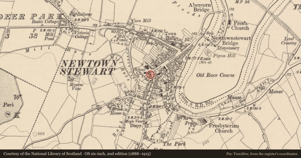 Ordnance Survey six-inch map, 2nd edition (1888–1915) covering the location of 5 Dublin Street, Newtownstewart, Derry City and Strabane, with a pin at the register's coordinates