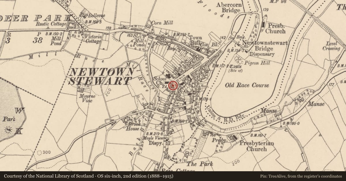 Ordnance Survey six-inch map, 2nd edition (1888–1915) covering the location of 7 Dublin Street, Newtownstewart, Derry City and Strabane, with a pin at the register's coordinates