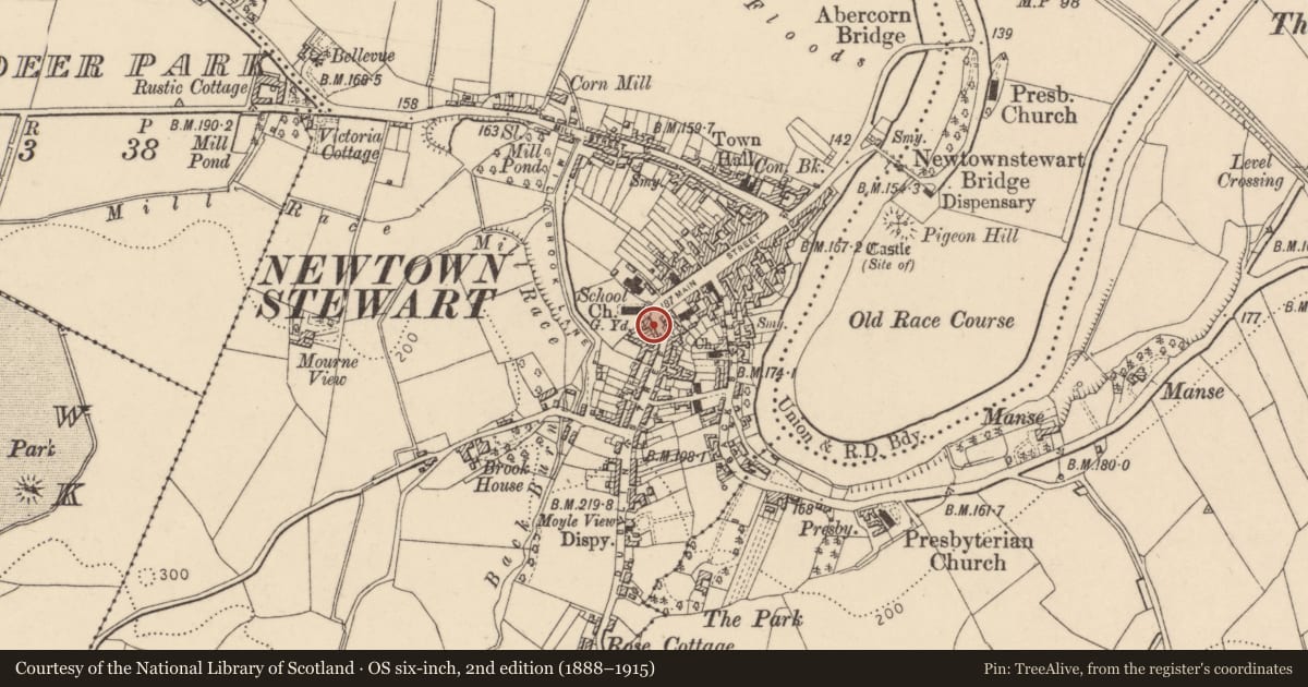 Ordnance Survey six-inch map, 2nd edition (1888–1915) covering the location of 9 Dublin Street, Newtownstewart, Derry City and Strabane, with a pin at the register's coordinates