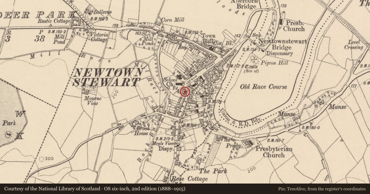 Ordnance Survey six-inch map, 2nd edition (1888–1915) covering the location of 13 Dublin Street, Newtownstewart, Omagh BT78 4AE, Derry City and Strabane, with a pin at the register's coordinates