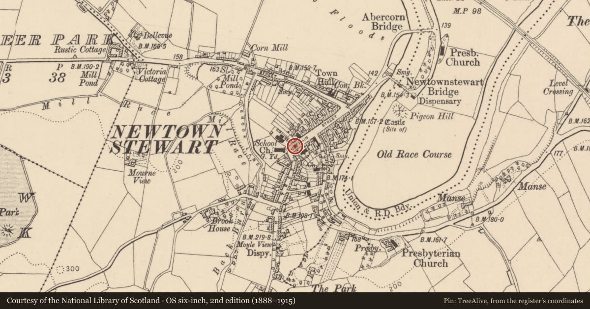 Ordnance Survey six-inch map, 2nd edition (1888–1915) covering the location of 5 Main Street, Derry City and Strabane, with a pin at the register's coordinates