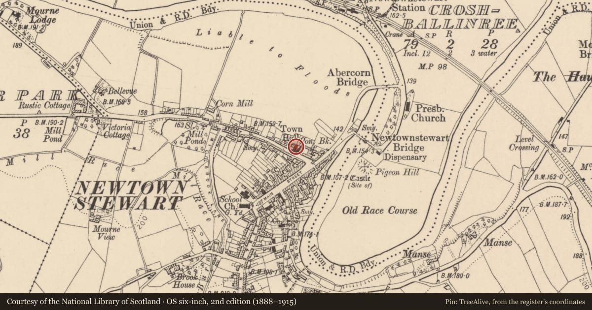 Ordnance Survey six-inch map, 2nd edition (1888–1915) covering the location of 5 Townhall Street, Newtownstewart, Derry City and Strabane, with a pin at the register's coordinates