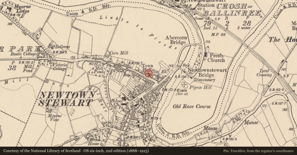 Ordnance Survey six-inch map, 2nd edition (1888–1915) covering the location of 7 Townhall Street, Newtownstewart, Derry City and Strabane, with a pin at the register's coordinates