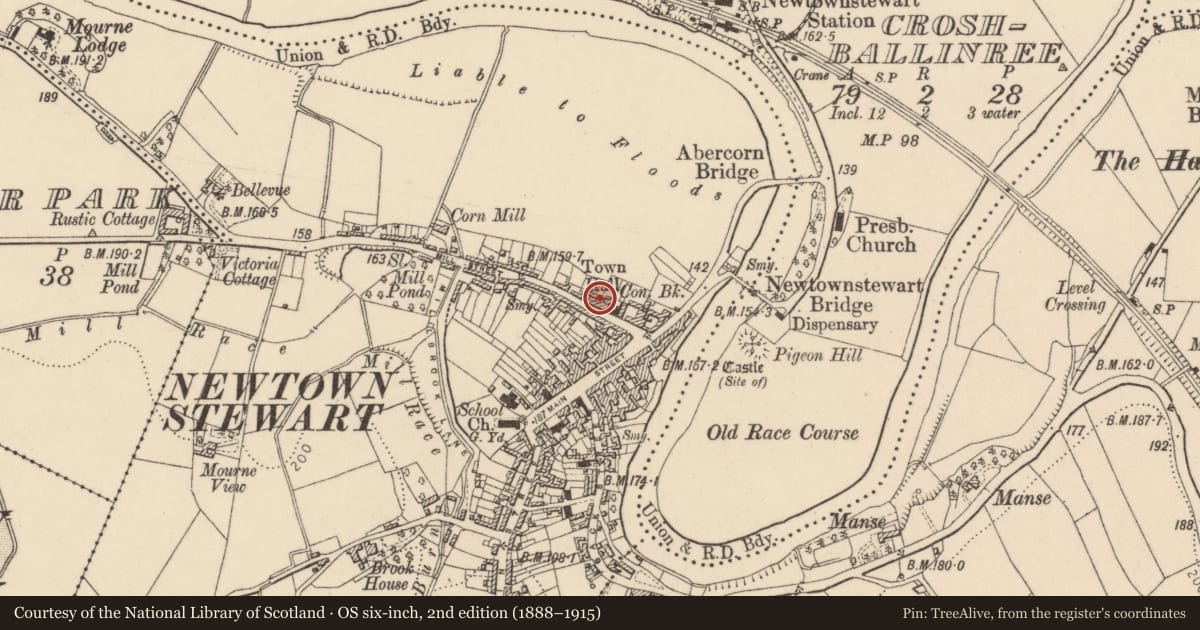 Ordnance Survey six-inch map, 2nd edition (1888–1915) covering the location of 9 Townhall Street, Newtownstewart, Derry City and Strabane, with a pin at the register's coordinates