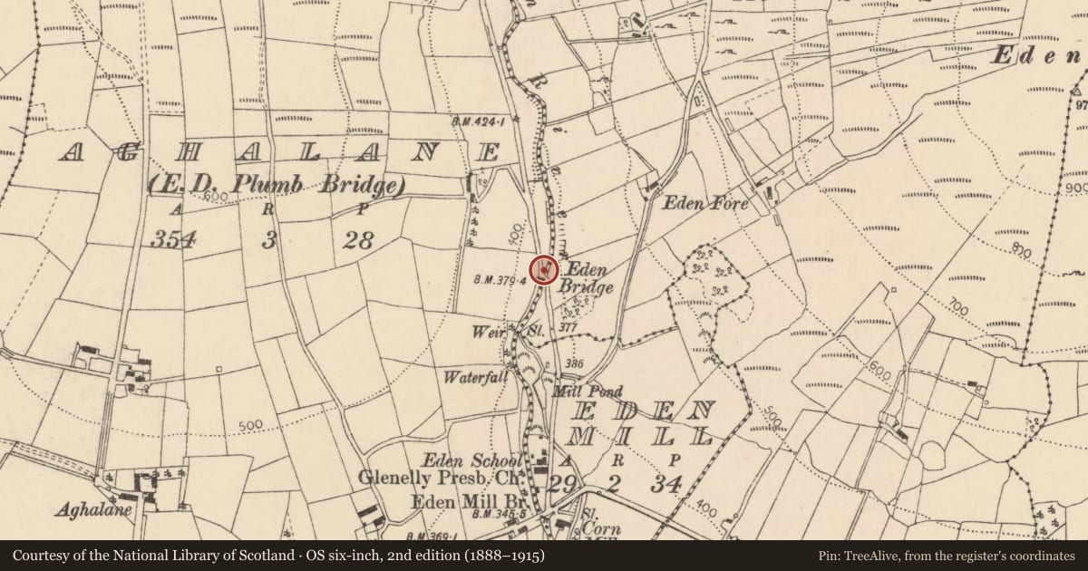 Ordnance Survey six-inch map, 2nd edition (1888–1915) covering the location of Eden Bridge, Bradkeel Road, Plumbridge BT79 8BJ, Derry City and Strabane, with a pin at the register's coordinates