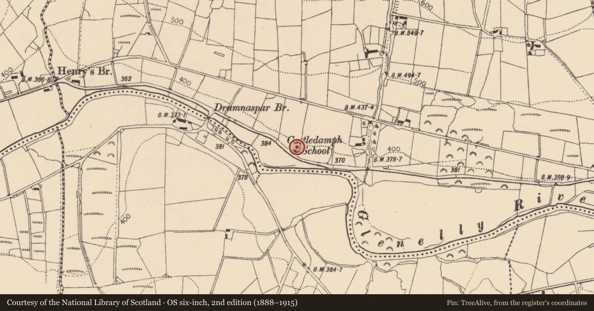 Ordnance Survey six-inch map, 2nd edition (1888–1915) covering the location of 88 Glenelly Road, Plumbridge, BT79 8LF, Derry City and Strabane, with a pin at the register's coordinates