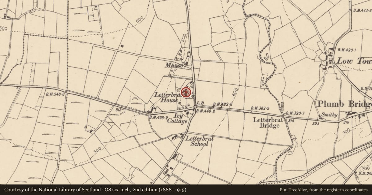 Ordnance Survey six-inch map, 2nd edition (1888–1915) covering the location of Letterbrat House, 66 Letterbrat Road, Plumbridge BT79 8DN, Derry City and Strabane, with a pin at the register's coordinates