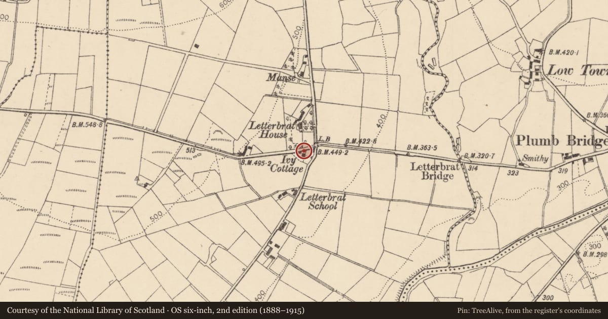 Ordnance Survey six-inch map, 2nd edition (1888–1915) covering the location of Ivy Cottage, 64 Letterbrat Road, Plumbridge BT79 8DX, Derry City and Strabane, with a pin at the register's coordinates