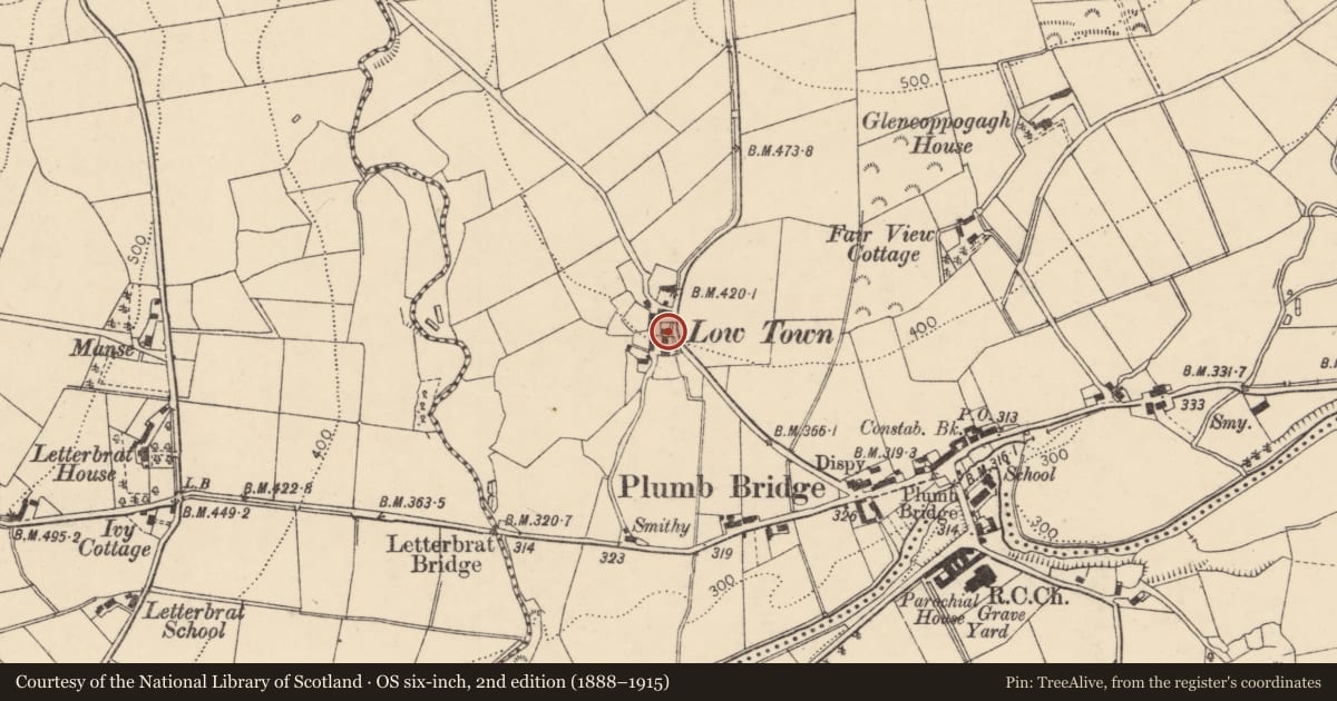 Ordnance Survey six-inch map, 2nd edition (1888–1915) covering the location of 411 Lisnaragh Road, Plumbridge, Co Tyrone BT79 8AF, Derry City and Strabane, with a pin at the register's coordinates