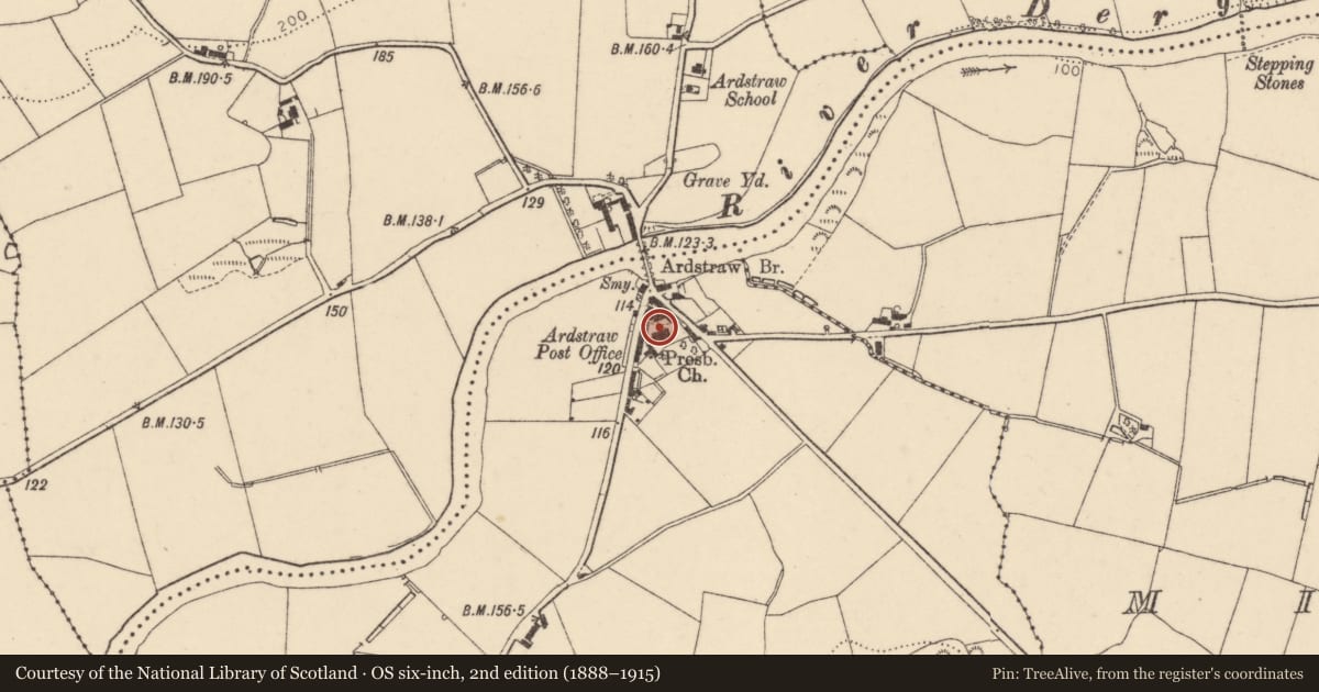Ordnance Survey six-inch map, 2nd edition (1888–1915) covering the location of Ardstraw Presbyterian Church, Deerpark Road, Ardstraw, Newtownstewart BT78 4LL, Derry City and Strabane, with a pin at the register's coordinates