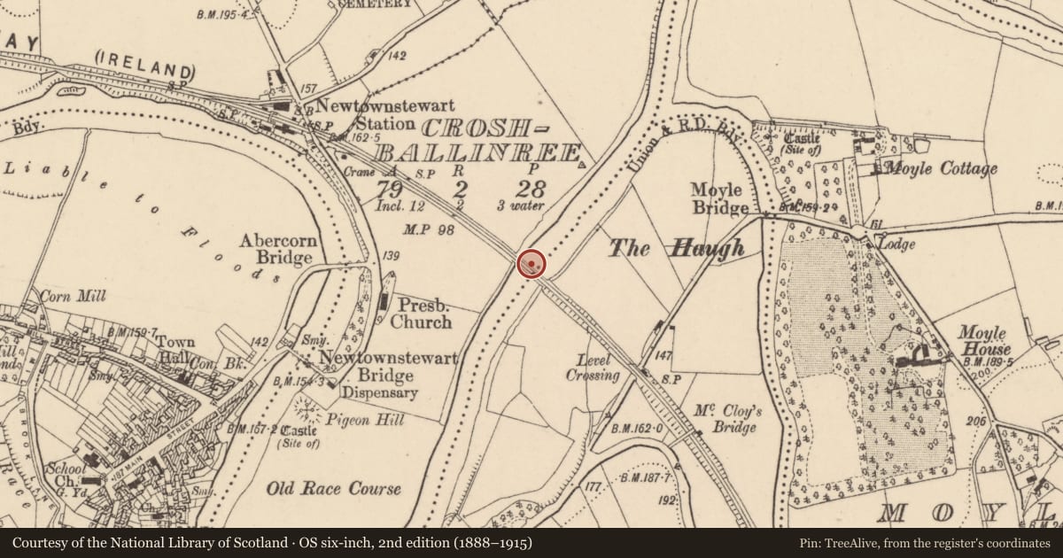 Ordnance Survey six-inch map, 2nd edition (1888–1915) covering the location of Former Railway Bridge over Strule River, Grange & Crossballinree TL, Newtownstewart, Derry City and Strabane, with a pin at the register's coordinates