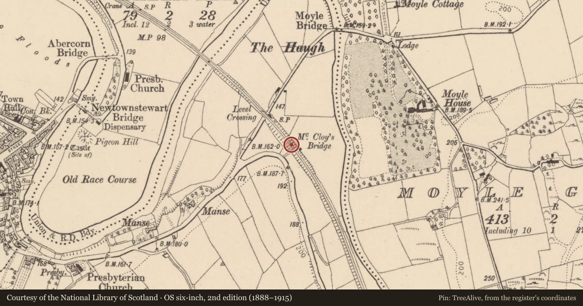 Ordnance Survey six-inch map, 2nd edition (1888–1915) covering the location of McCloy's Bridge near Beltany Road, Newtownstewart Co Tyrone, Derry City and Strabane, with a pin at the register's coordinates