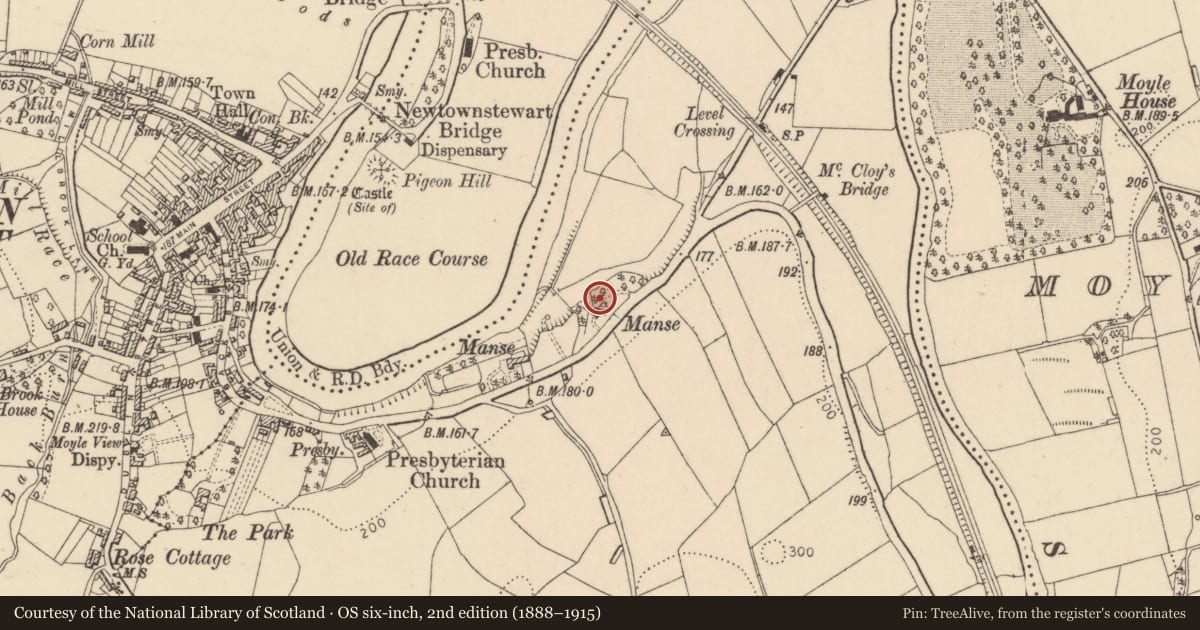 Ordnance Survey six-inch map, 2nd edition (1888–1915) covering the location of The Old Manse, Moyle Glebe, Derry City and Strabane, with a pin at the register's coordinates