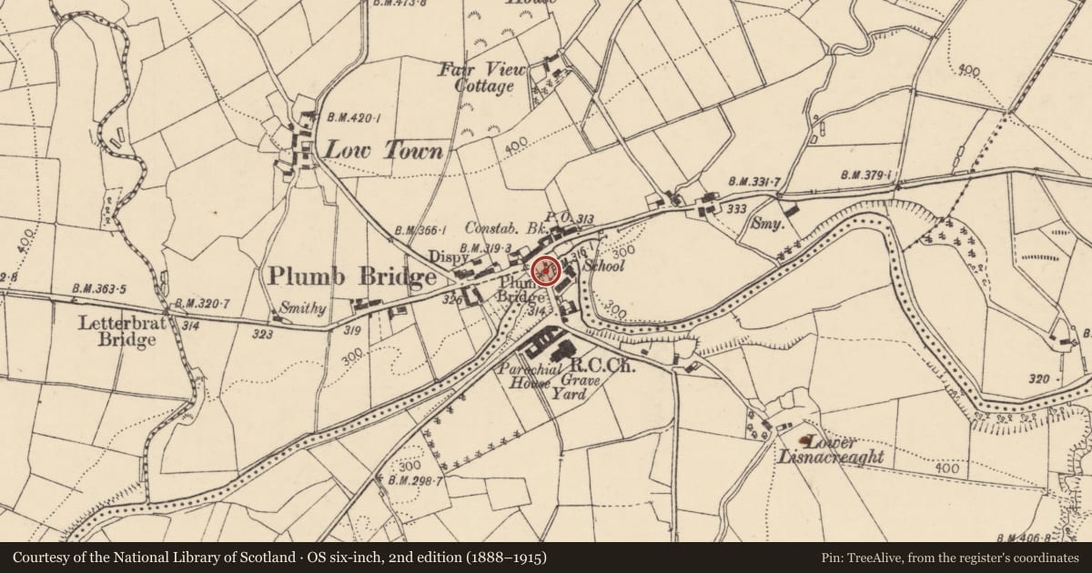 Ordnance Survey six-inch map, 2nd edition (1888–1915) covering the location of Plumb Bridge over the Glenelly River, Lisnacreaght/Glencoppogagh, Derry City and Strabane, with a pin at the register's coordinates