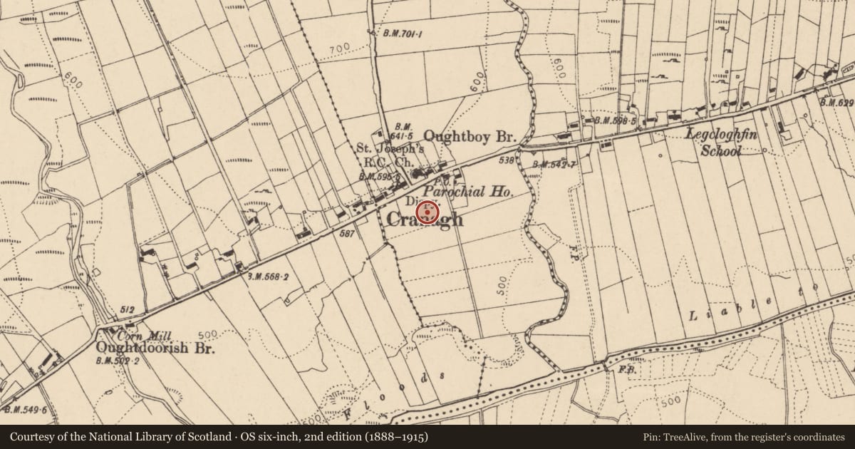 Ordnance Survey six-inch map, 2nd edition (1888–1915) covering the location of St Patrick's RC Church, Glenelly Road, Cranagh, Plumbridge, Co Tyrone, BT78 8LR, Derry City and Strabane, with a pin at the register's coordinates