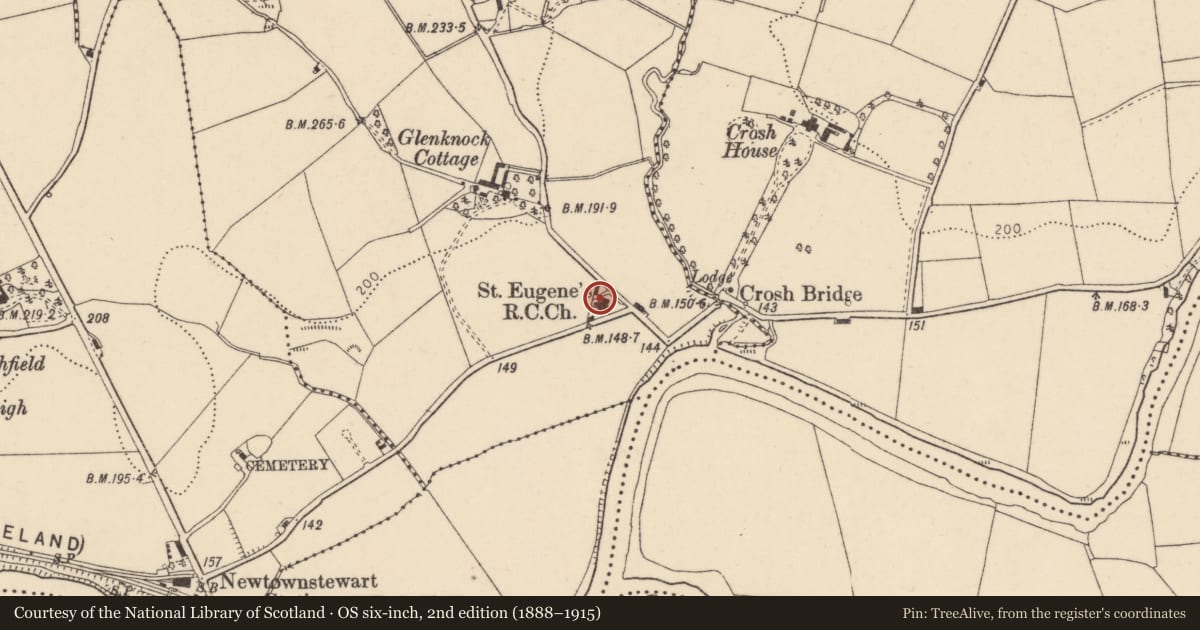 Ordnance Survey six-inch map, 2nd edition (1888–1915) covering the location of St Eugene's RC Church, Glenknock or Cloghogue, Derry City and Strabane, with a pin at the register's coordinates