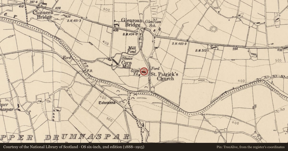 Ordnance Survey six-inch map, 2nd edition (1888–1915) covering the location of St Patrick's C of I Church, Glenroan, Derry City and Strabane, with a pin at the register's coordinates