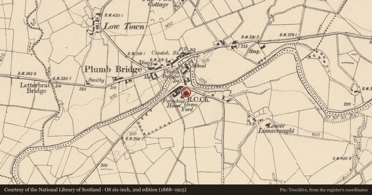 Ordnance Survey six-inch map, 2nd edition (1888–1915) covering the location of Church of the Sacred Heart, Dergbrough Road, Lisnacreaght, Derry City and Strabane, with a pin at the register's coordinates