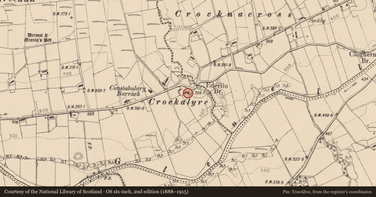 Ordnance Survey six-inch map, 2nd edition (1888–1915) covering the location of 141 Glenelly Road, Glenroan, Derry City and Strabane, with a pin at the register's coordinates