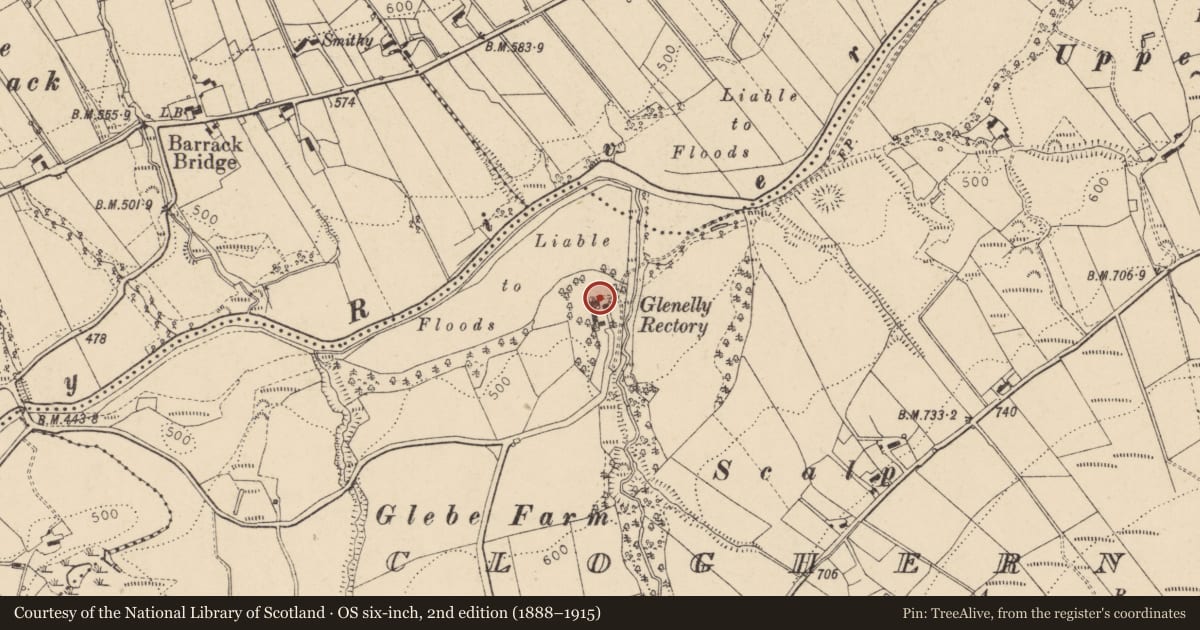 Ordnance Survey six-inch map, 2nd edition (1888–1915) covering the location of House to north of Magherabrack Road, Plumbridge BT79 8EP, Derry City and Strabane, with a pin at the register's coordinates