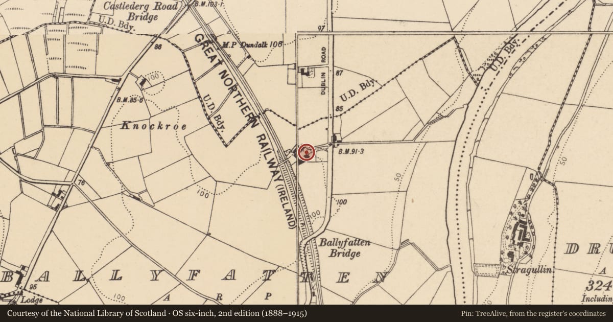 Ordnance Survey six-inch map, 2nd edition (1888–1915) covering the location of Mourneview, Ballyfatten, Derry City and Strabane, with a pin at the register's coordinates