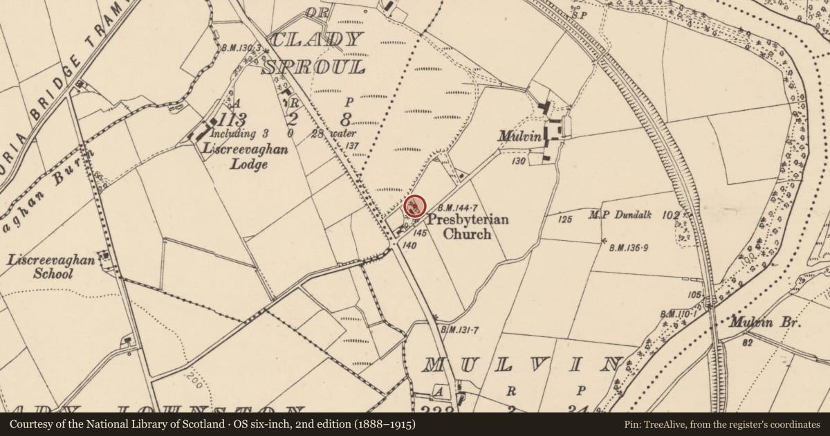 Ordnance Survey six-inch map, 2nd edition (1888–1915) covering the location of Free Presbyterian Church off Melmount Road, Mulvin, Strabane, Co Tyrone, Derry City and Strabane, with a pin at the register's coordinates