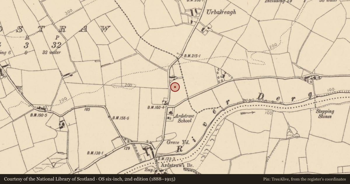 Ordnance Survey six-inch map, 2nd edition (1888–1915) covering the location of Presbyterian Church, 15 Urblereagh Road, Douglas Bridge, Newtownstewart, Co Tyrone BT78 4LR, Derry City and Strabane, with a pin at the register's coordinates